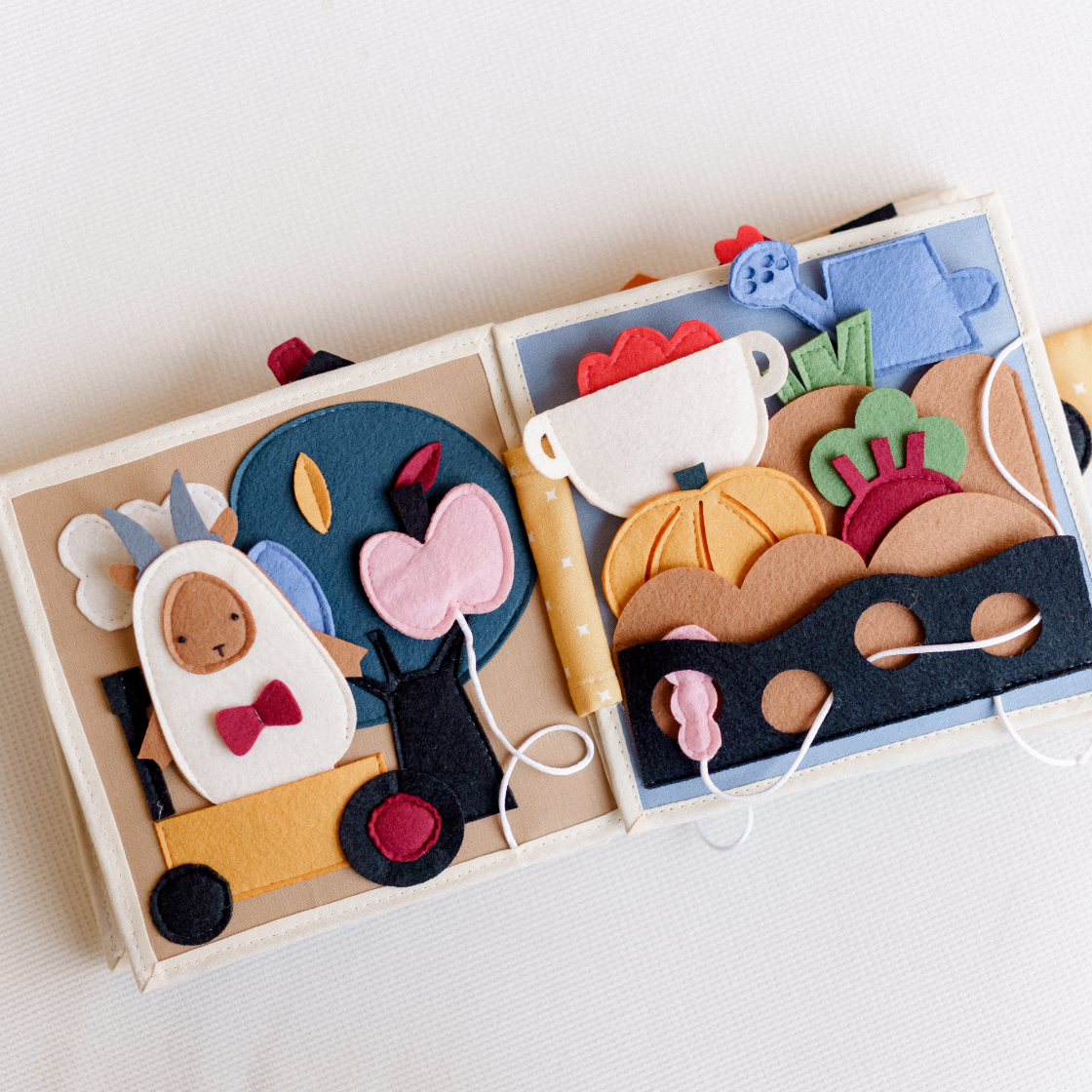 calm play toy, baby gift from godmom, felt fabric book farm